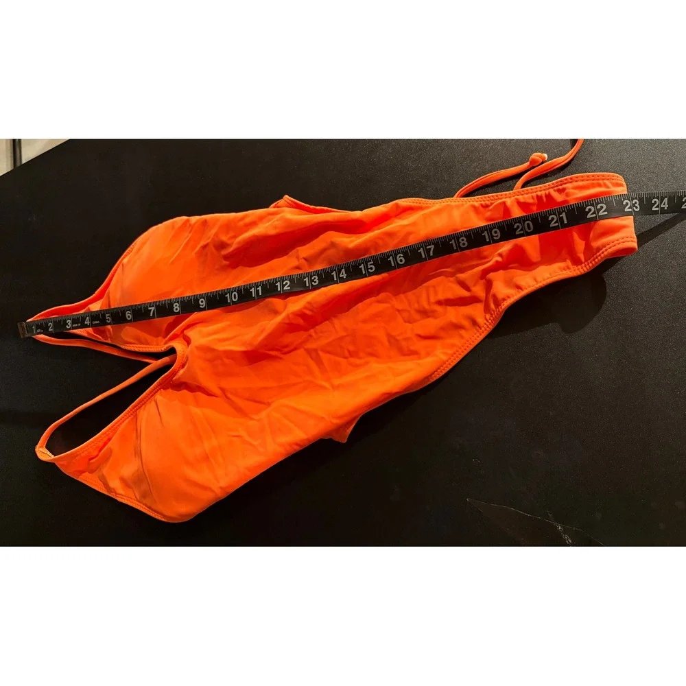 Neon Orange High Cut‎ Plunge One Piece Swimsuit Lace Up Back Medium